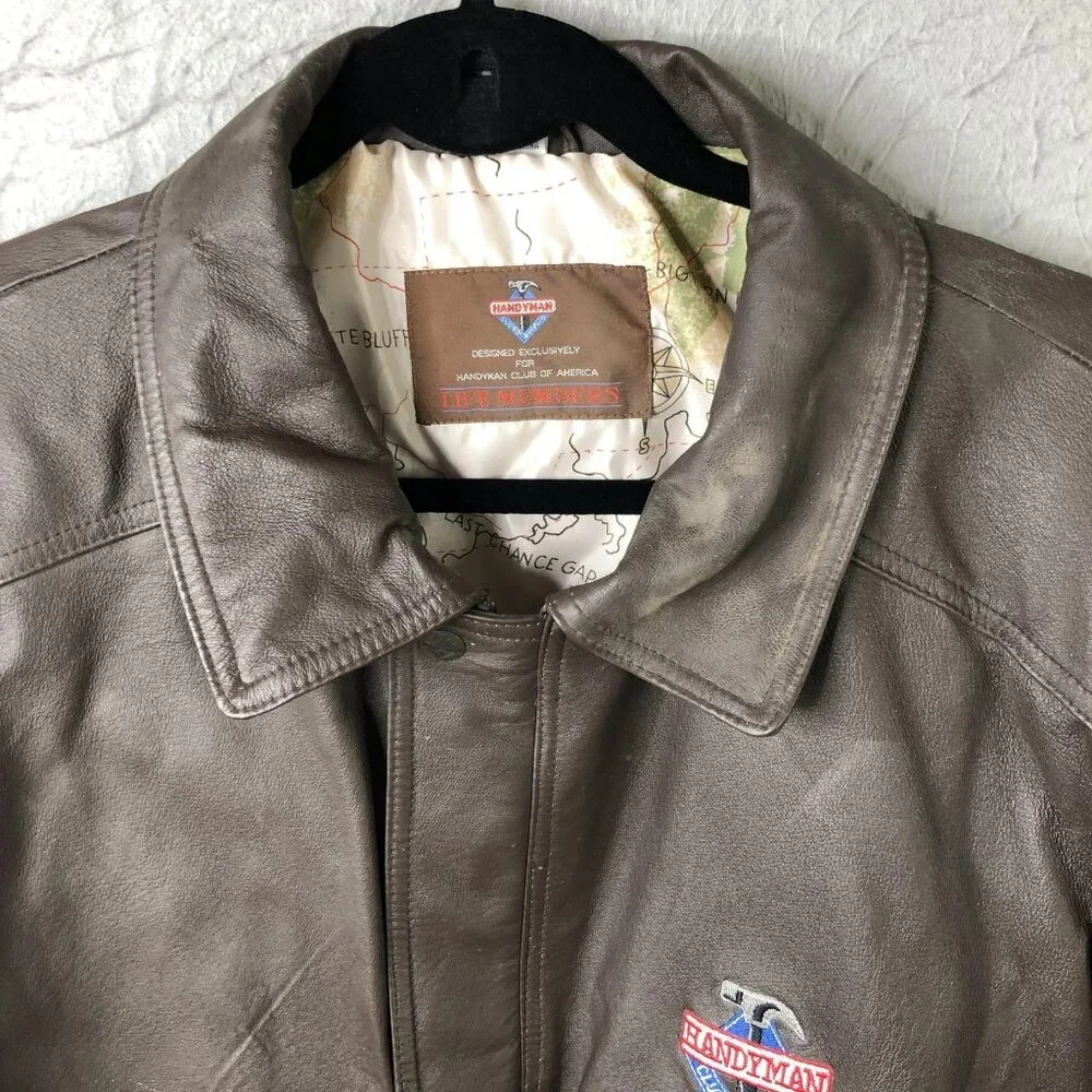 Handyman Club Of America Jacket Mens L Brown Leather Bomber Aviator Logo Retro - Picture 13 of 16